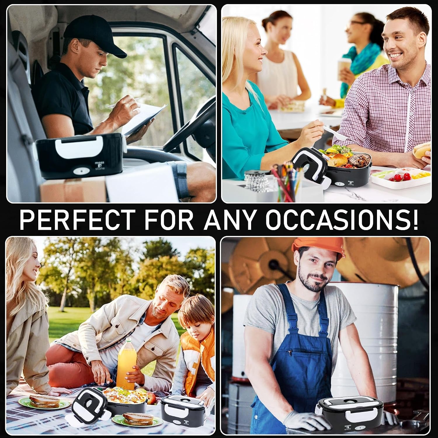 Electric Lunch Box Food Heater for Adults Black & White Food Warmer Lunch Box, 12/24/110V Lunch Box Warmer Portable for Work/Car/Truck, Fork & Spoon & 1.5L Removable S.S Container