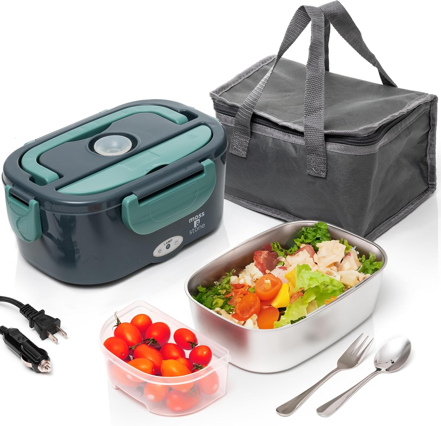 Electric Lunch Box Food Heater for Adults Green & Gray Food Warmer Lunch Box, 12/24/110V Lunch Box Warmer Portable for Work/Car/Truck, Fork & Spoon & 1.5L Removable S.S Container