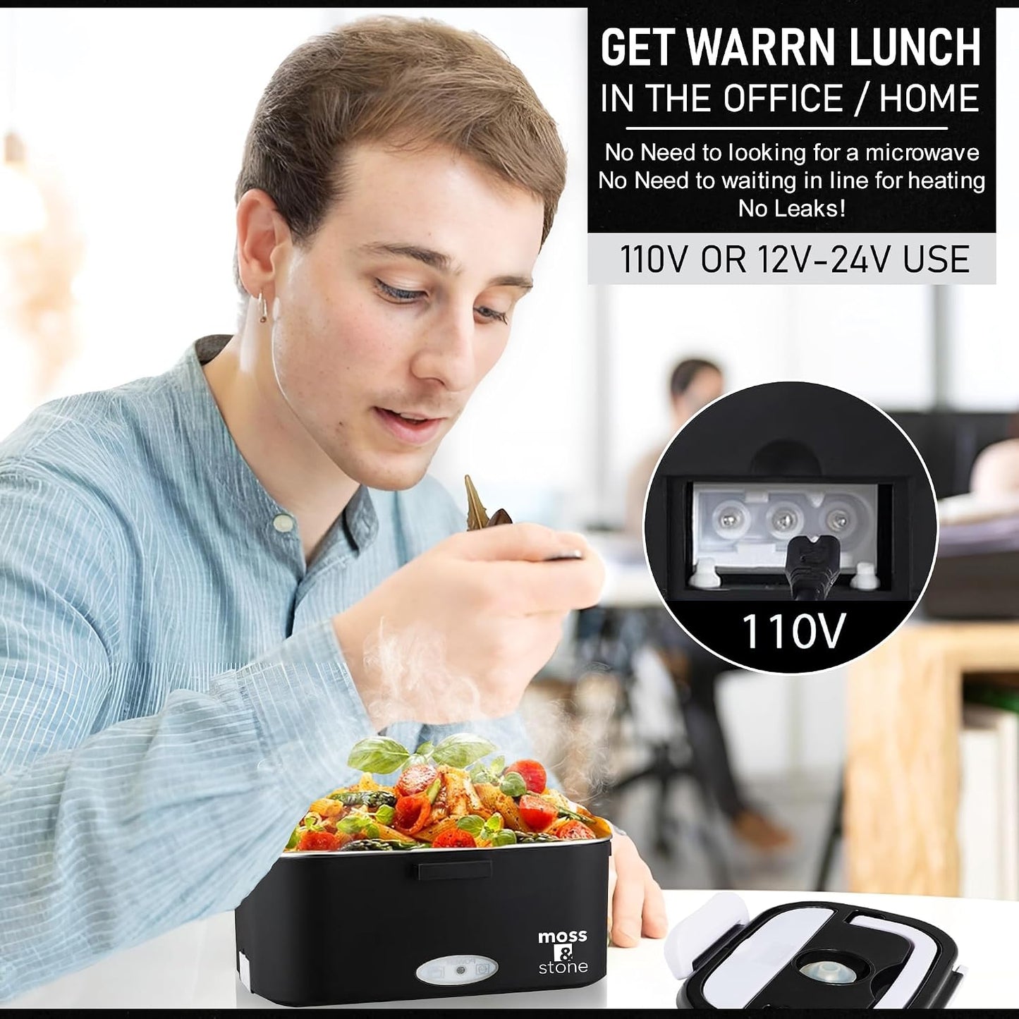 Electric Lunch Box Food Heater for Adults Black & White Food Warmer Lunch Box, 12/24/110V Lunch Box Warmer Portable for Work/Car/Truck, Fork & Spoon & 1.5L Removable S.S Container