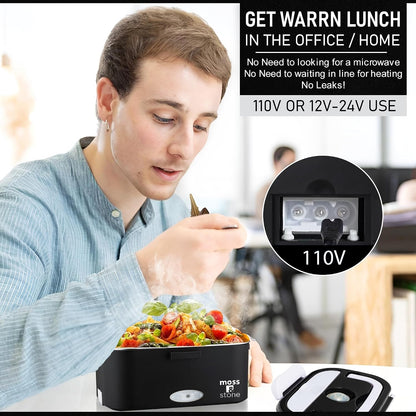Electric Lunch Box Food Heater for Adults Black & White Food Warmer Lunch Box, 12/24/110V Lunch Box Warmer Portable for Work/Car/Truck, Fork & Spoon & 1.5L Removable S.S Container