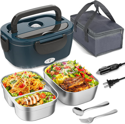 Electric Lunch Box for Adults, Heated Lunch Box for Men Women with Dual 1.5L SS Containers, Portable 80W Food Warmer for Car/Truck, Lonchera Eléctrica Portátil Christmas White Elephant Gift