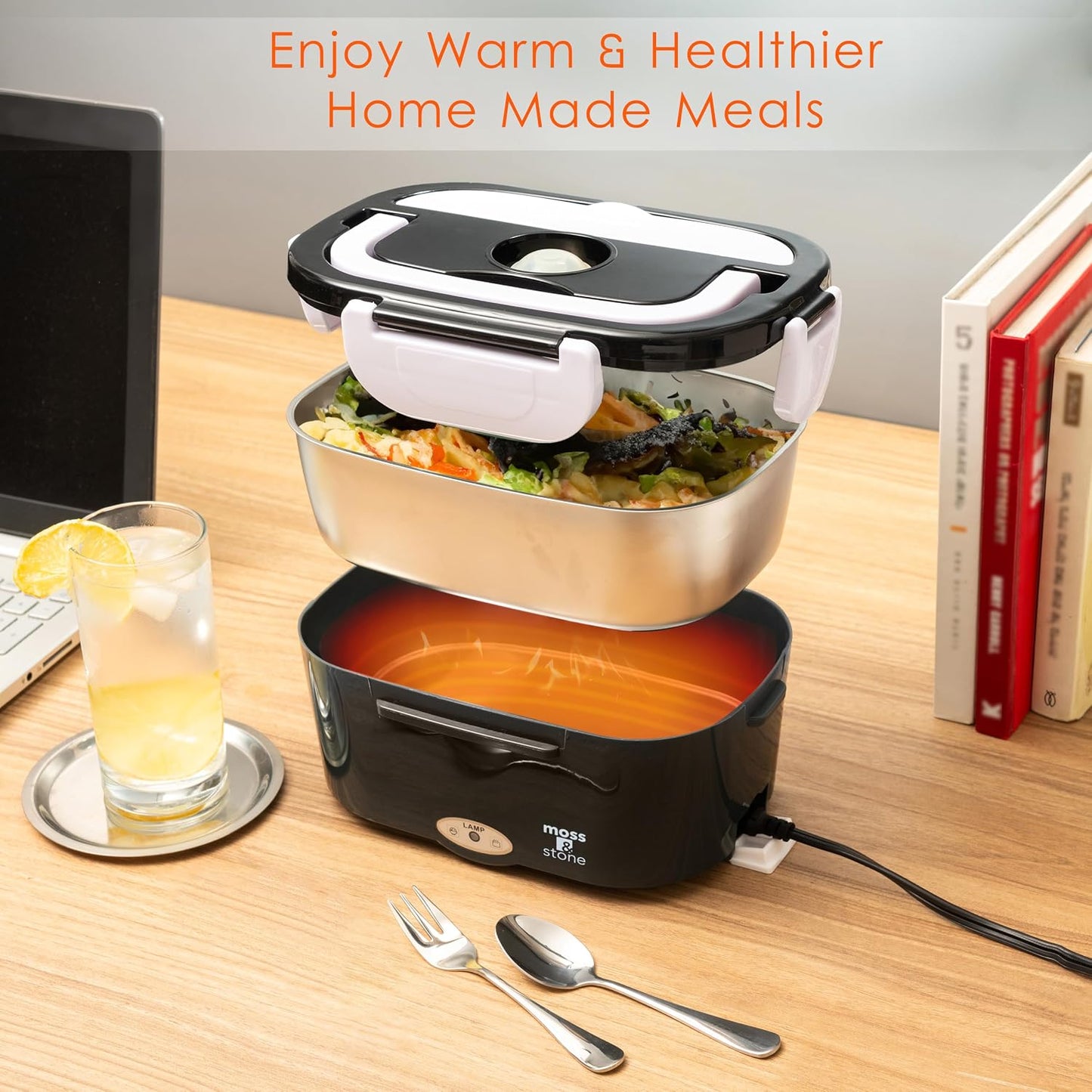Electric Lunch Box Food Heater for Adults Black & White Food Warmer Lunch Box, 12/24/110V Lunch Box Warmer Portable for Work/Car/Truck, Fork & Spoon & 1.5L Removable S.S Container