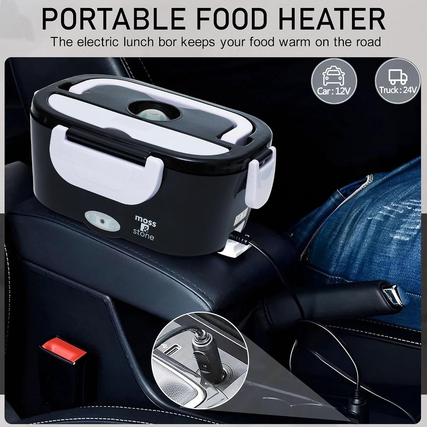 Electric Lunch Box Food Heater for Adults Black & White Food Warmer Lunch Box, 12/24/110V Lunch Box Warmer Portable for Work/Car/Truck, Fork & Spoon & 1.5L Removable S.S Container