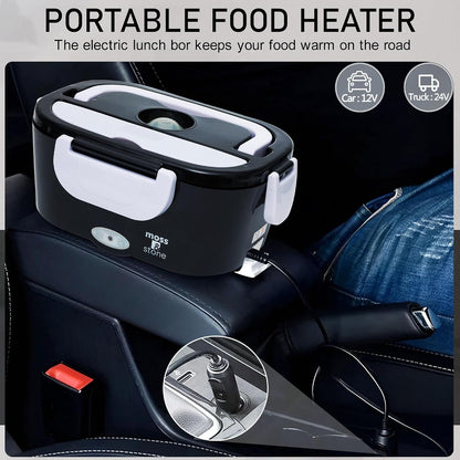 Electric Lunch Box Food Heater for Adults Black & White Food Warmer Lunch Box, 12/24/110V Lunch Box Warmer Portable for Work/Car/Truck, Fork & Spoon & 1.5L Removable S.S Container