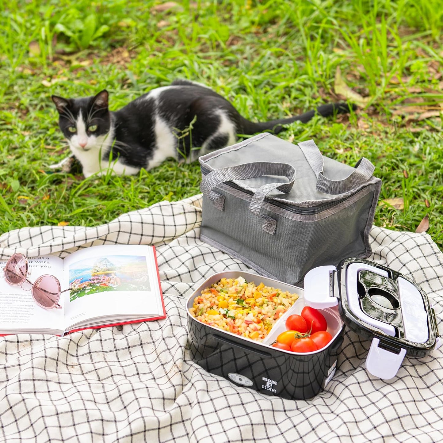 Electric Lunch Box Food Heater for Adults Black & White Food Warmer Lunch Box, 12/24/110V Lunch Box Warmer Portable for Work/Car/Truck, Fork & Spoon & 1.5L Removable S.S Container