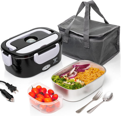 Electric Lunch Box Food Heater for Adults Black & White Food Warmer Lunch Box, 12/24/110V Lunch Box Warmer Portable for Work/Car/Truck, Fork & Spoon & 1.5L Removable S.S Container