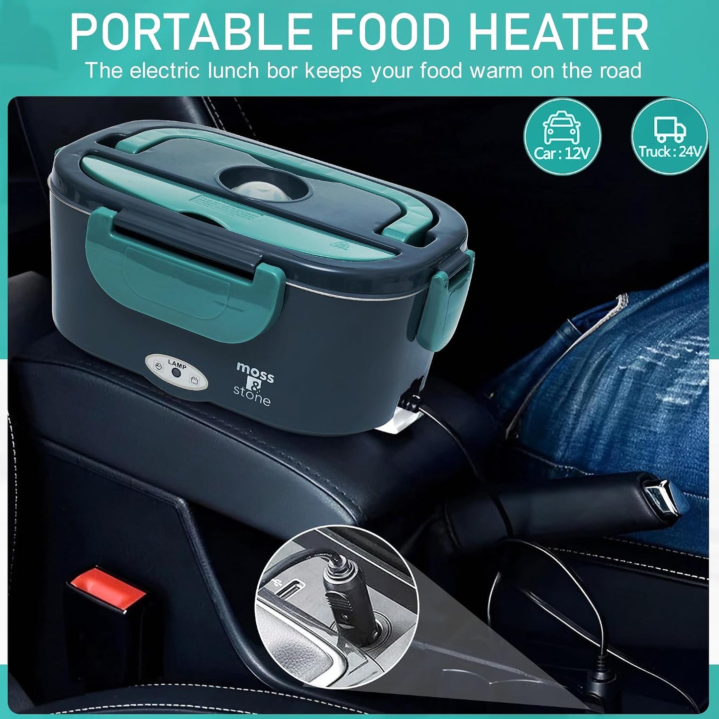 Electric Lunch Box Food Heater for Adults Green & Gray Food Warmer Lunch Box, 12/24/110V Lunch Box Warmer Portable for Work/Car/Truck, Fork & Spoon & 1.5L Removable S.S Container