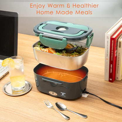 Electric Lunch Box Food Heater for Adults Green & Gray Food Warmer Lunch Box, 12/24/110V Lunch Box Warmer Portable for Work/Car/Truck, Fork & Spoon & 1.5L Removable S.S Container