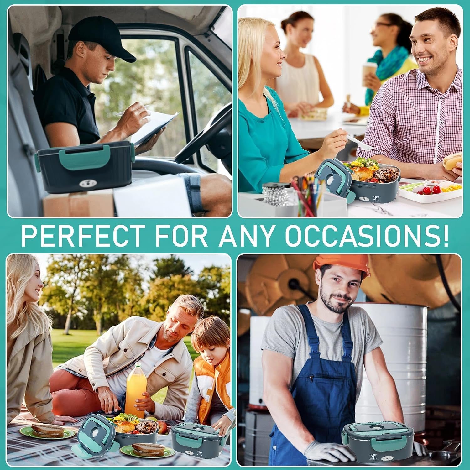 Electric Lunch Box Food Heater for Adults Green & Gray Food Warmer Lunch Box, 12/24/110V Lunch Box Warmer Portable for Work/Car/Truck, Fork & Spoon & 1.5L Removable S.S Container