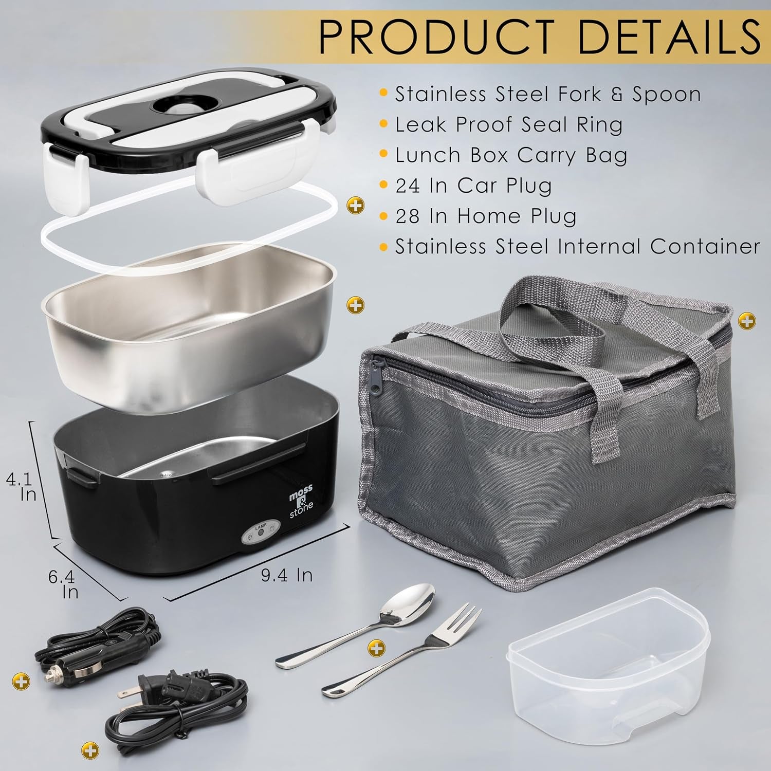 Electric Lunch Box Food Heater for Adults Black & White Food Warmer Lunch Box, 12/24/110V Lunch Box Warmer Portable for Work/Car/Truck, Fork & Spoon & 1.5L Removable S.S Container