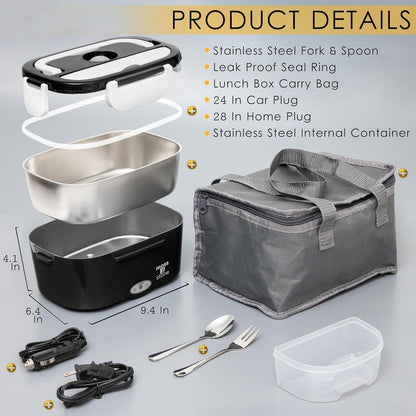 Electric Lunch Box Food Heater for Adults Black & White Food Warmer Lunch Box, 12/24/110V Lunch Box Warmer Portable for Work/Car/Truck, Fork & Spoon & 1.5L Removable S.S Container