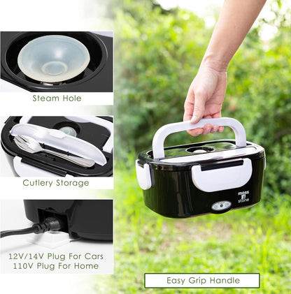 Electric Lunch Box Food Heater for Adults Black & White Food Warmer Lunch Box, 12/24/110V Lunch Box Warmer Portable for Work/Car/Truck, Fork & Spoon & 1.5L Removable S.S Container