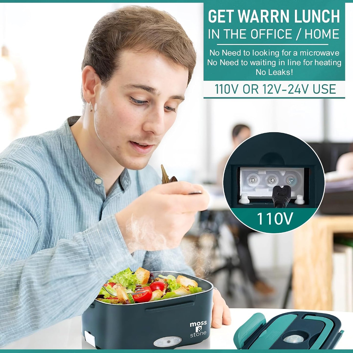 Electric Lunch Box Food Heater for Adults Green & Gray Food Warmer Lunch Box, 12/24/110V Lunch Box Warmer Portable for Work/Car/Truck, Fork & Spoon & 1.5L Removable S.S Container
