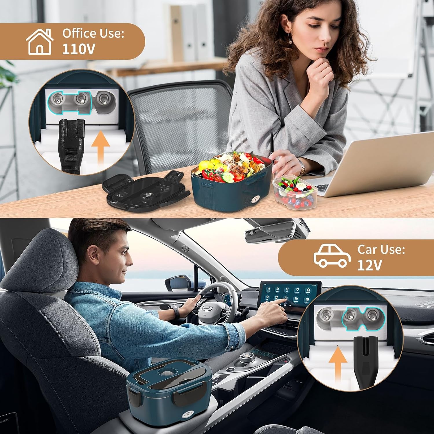 Electric Lunch Box for Adults, Heated Lunch Box for Men Women with Dual 1.5L SS Containers, Portable 80W Food Warmer for Car/Truck, Lonchera Eléctrica Portátil Christmas White Elephant Gift