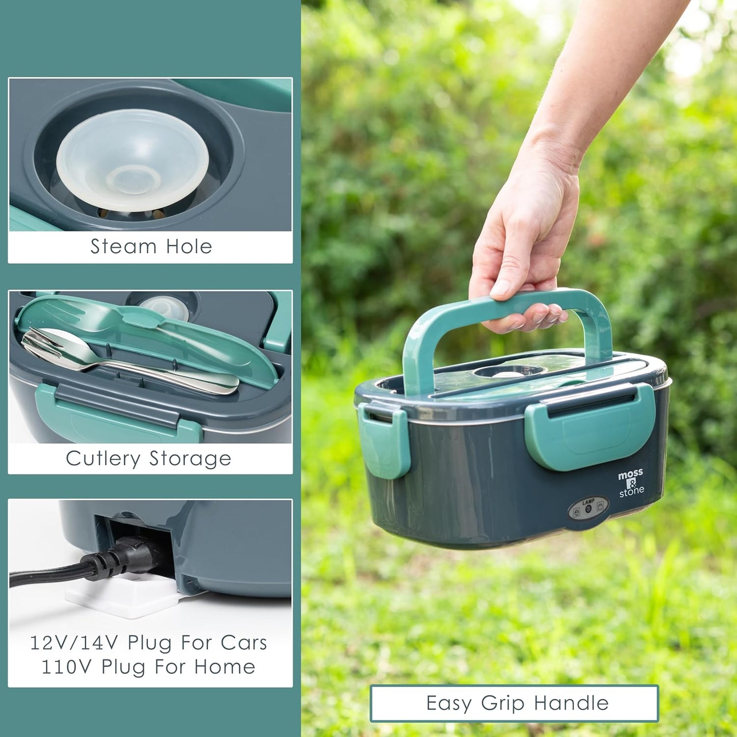 Electric Lunch Box Food Heater for Adults Green & Gray Food Warmer Lunch Box, 12/24/110V Lunch Box Warmer Portable for Work/Car/Truck, Fork & Spoon & 1.5L Removable S.S Container