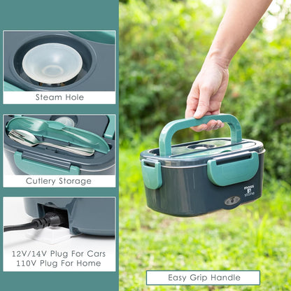 Electric Lunch Box Food Heater for Adults Green & Gray Food Warmer Lunch Box, 12/24/110V Lunch Box Warmer Portable for Work/Car/Truck, Fork & Spoon & 1.5L Removable S.S Container