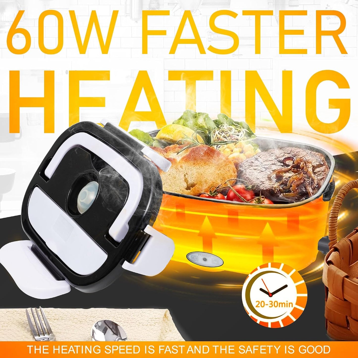 Electric Lunch Box Food Heater for Adults Black & White Food Warmer Lunch Box, 12/24/110V Lunch Box Warmer Portable for Work/Car/Truck, Fork & Spoon & 1.5L Removable S.S Container
