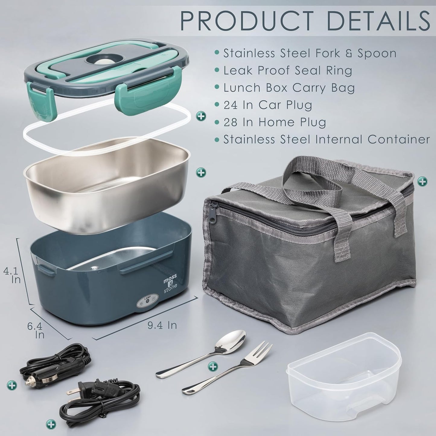 Electric Lunch Box Food Heater for Adults Green & Gray Food Warmer Lunch Box, 12/24/110V Lunch Box Warmer Portable for Work/Car/Truck, Fork & Spoon & 1.5L Removable S.S Container