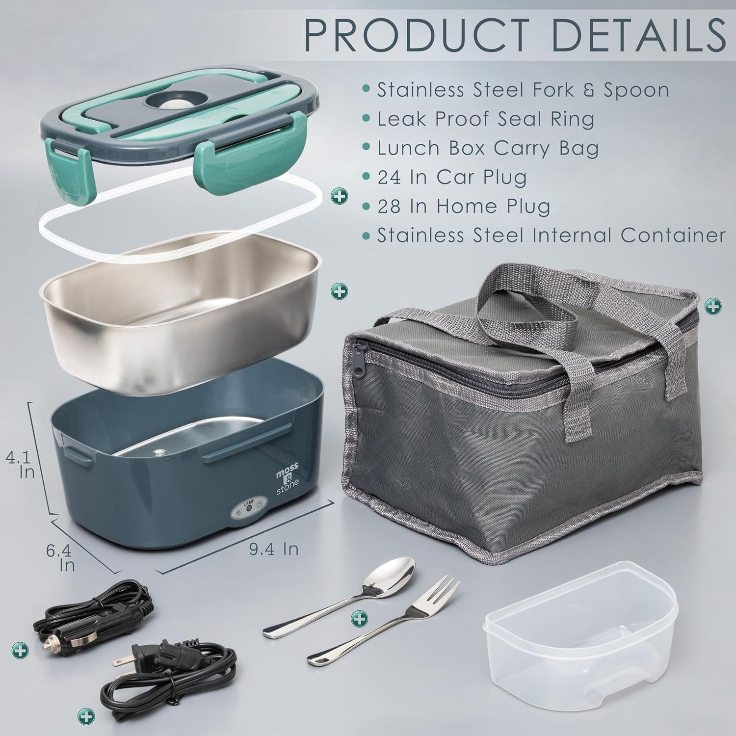 Electric Lunch Box Food Heater for Adults Green & Gray Food Warmer Lunch Box, 12/24/110V Lunch Box Warmer Portable for Work/Car/Truck, Fork & Spoon & 1.5L Removable S.S Container